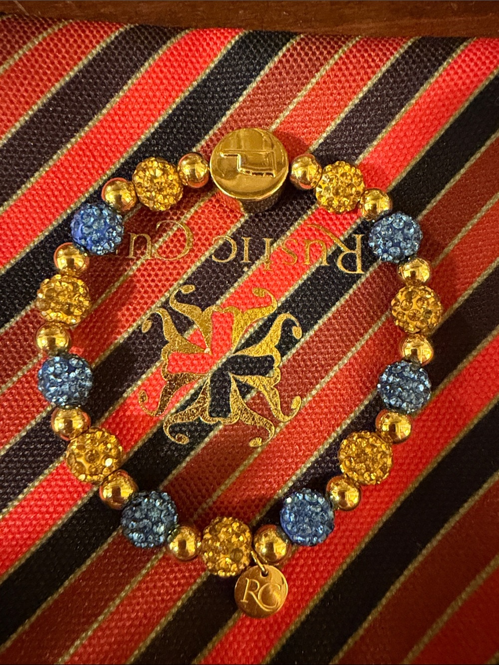 Rustic Cuff Gold, Blue & Yellow Crystal Pavé Bead Stretch Bracelet